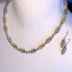 Vintage Set Handmade Animal Print Beaded Necklace & Earrings Edgy Boho Statement